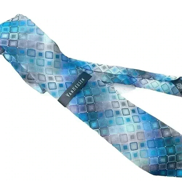 Van Heusen Men’s  Silk Tie Blue Teal Gray Pattern Career Business - Picture 1 of 7